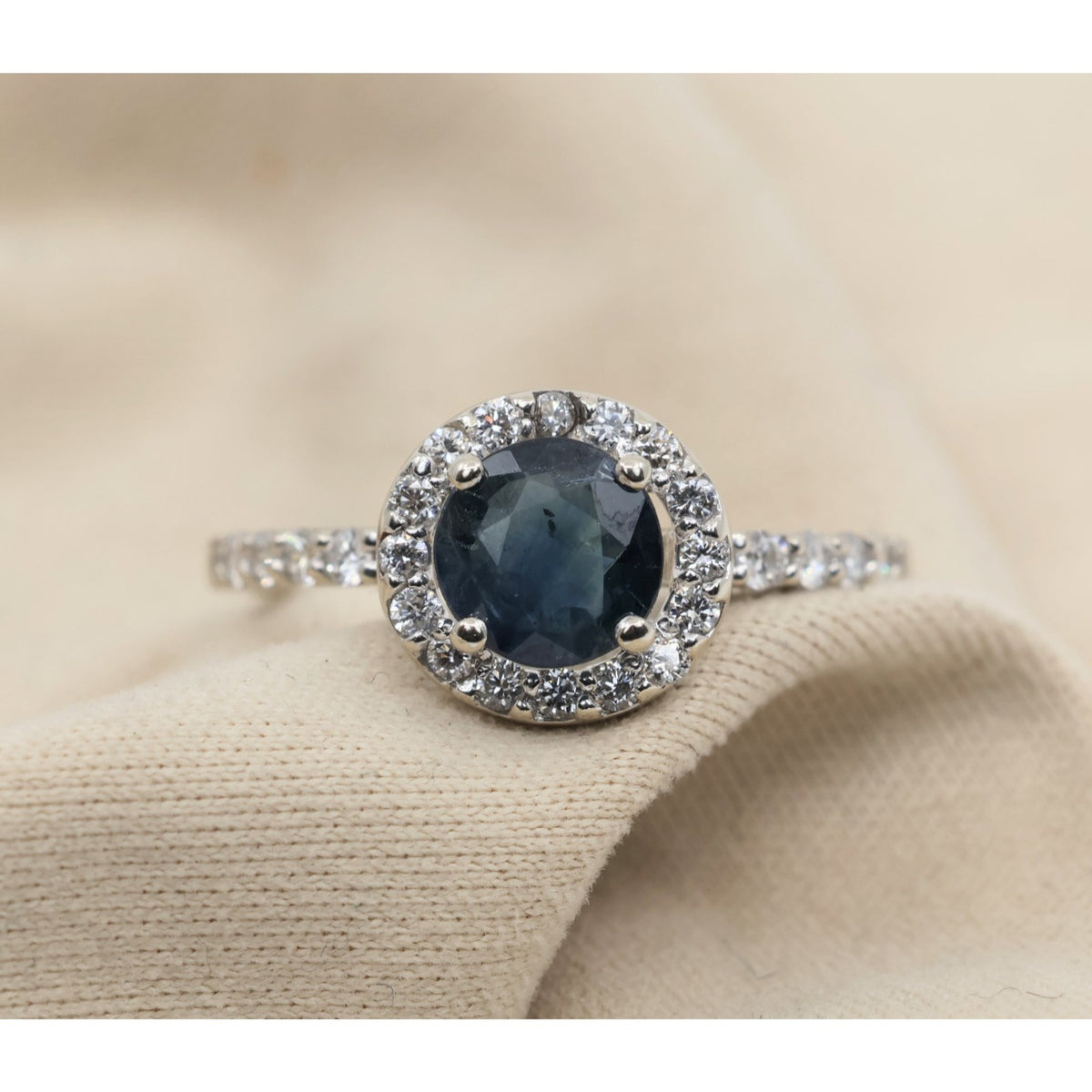 14K White Gold Round Blue Sapphire & Diamond Halo Ring