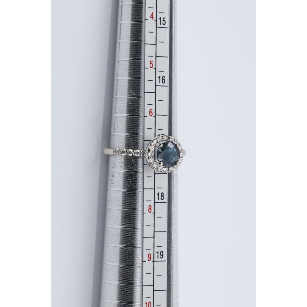 14K White Gold Round Blue Sapphire & Diamond Halo Ring