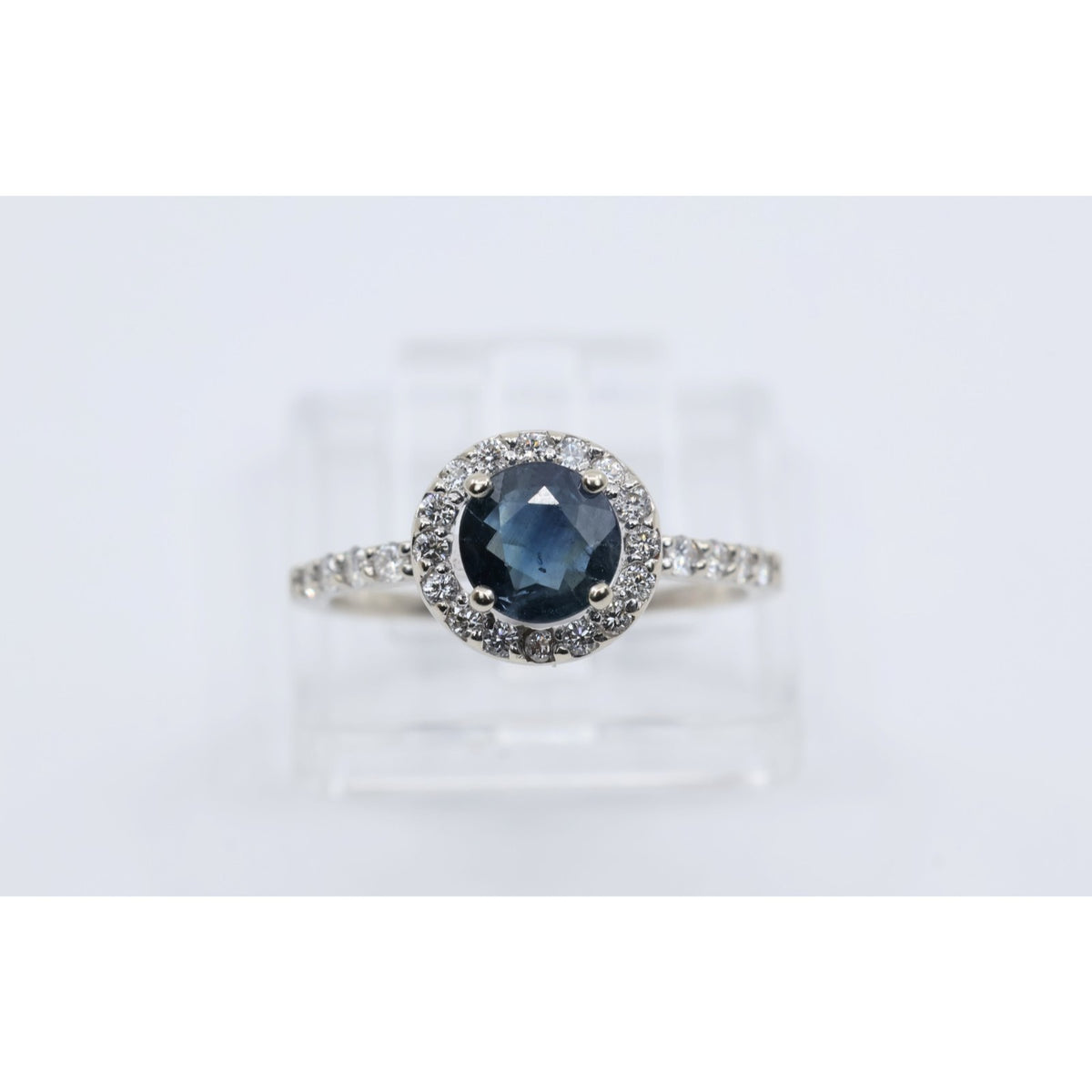 14K White Gold Round Blue Sapphire & Diamond Halo Ring