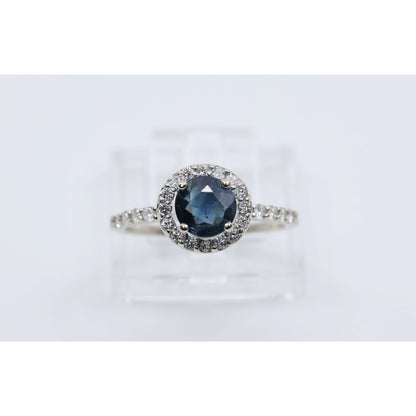 14K White Gold Round Blue Sapphire & Diamond Halo Ring