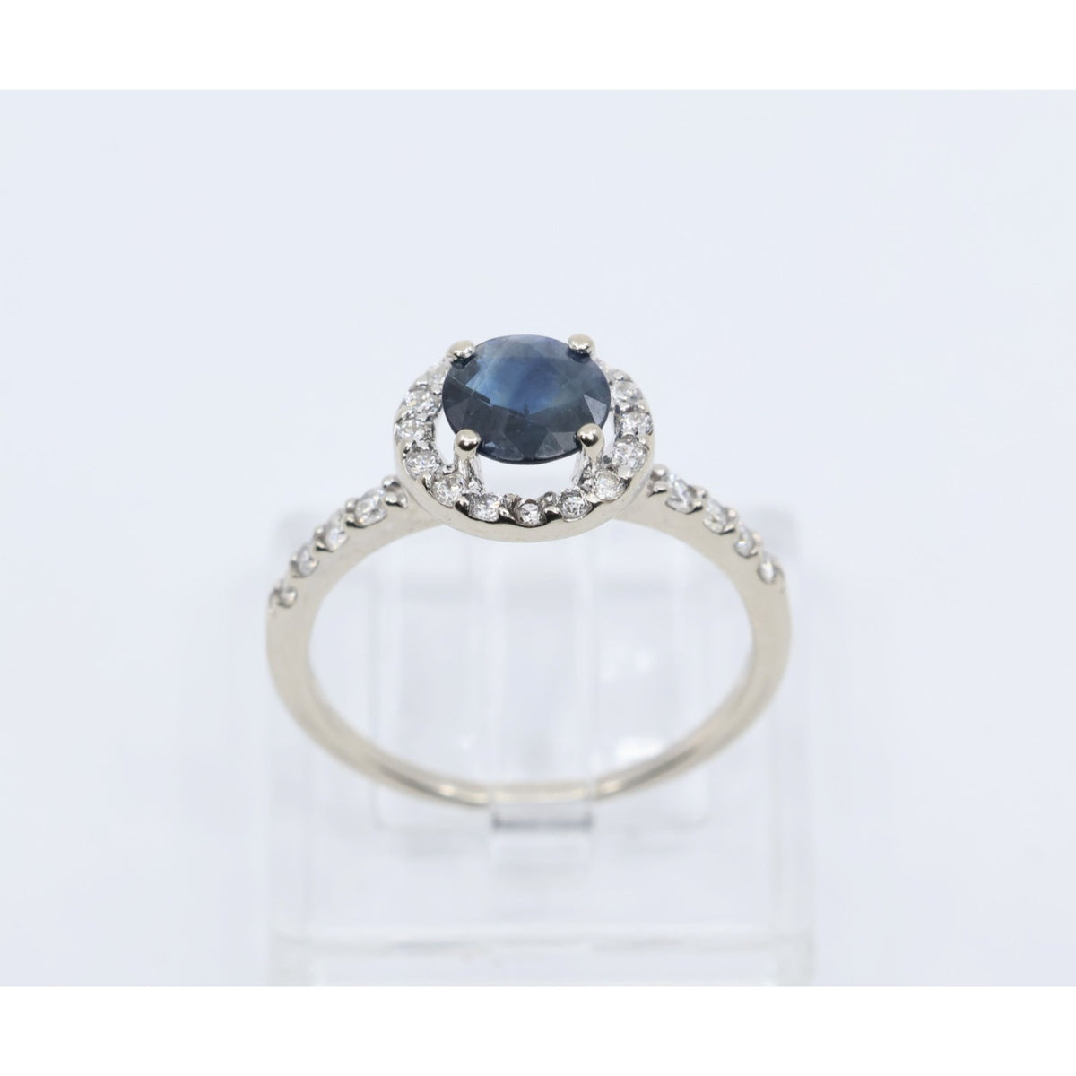 14K White Gold Round Blue Sapphire & Diamond Halo Ring