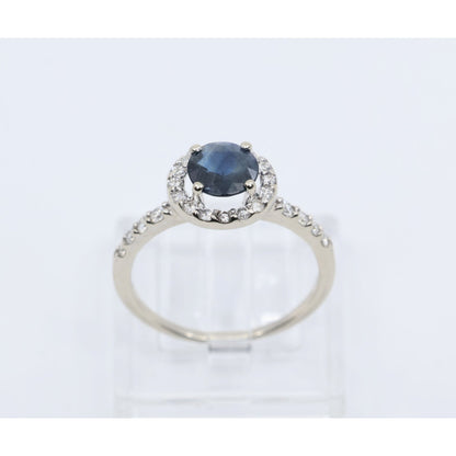 14K White Gold Round Blue Sapphire & Diamond Halo Ring