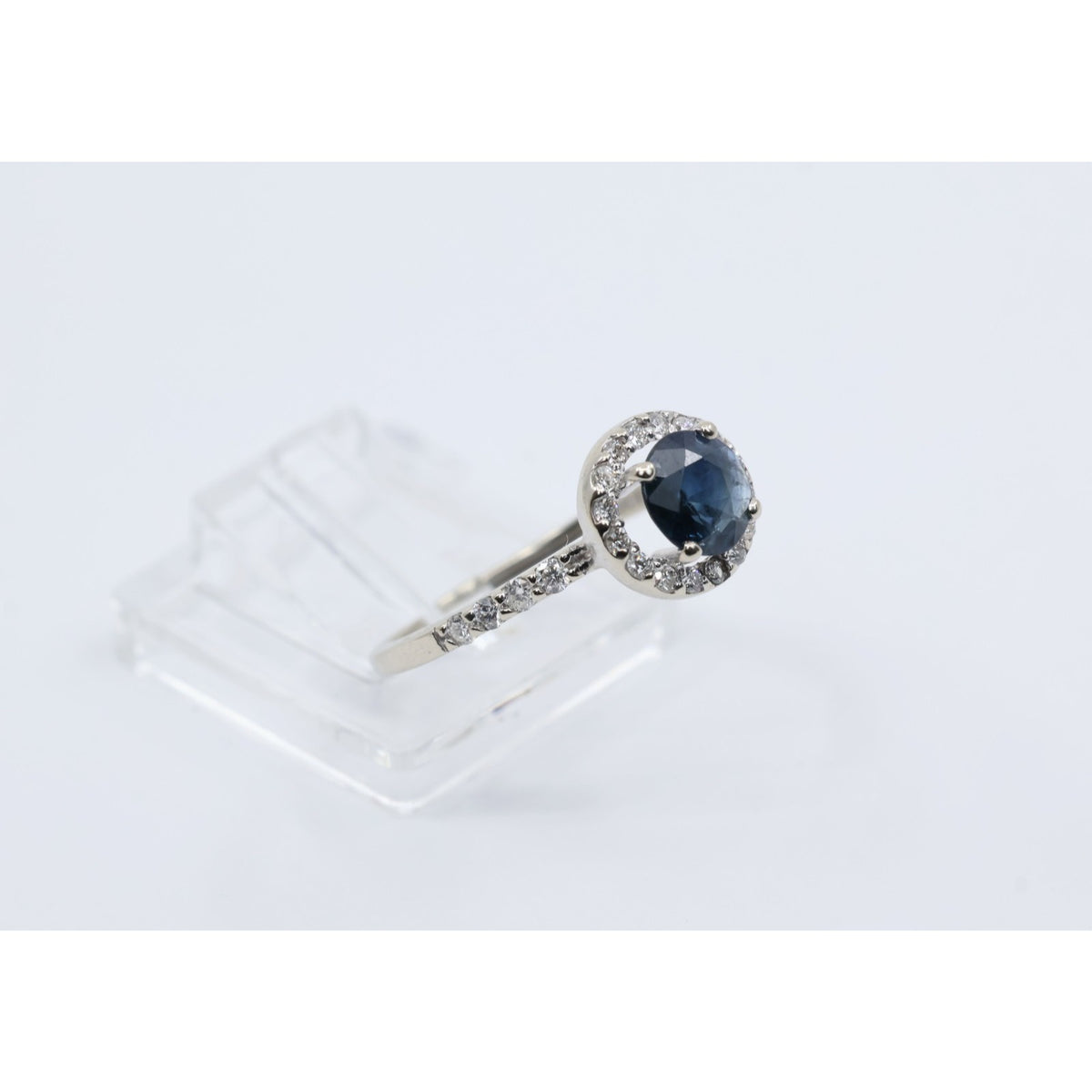 14K White Gold Round Blue Sapphire & Diamond Halo Ring
