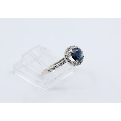 14K White Gold Round Blue Sapphire & Diamond Halo Ring