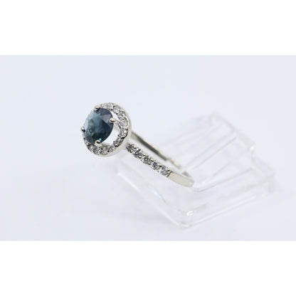14K White Gold Round Blue Sapphire & Diamond Halo Ring