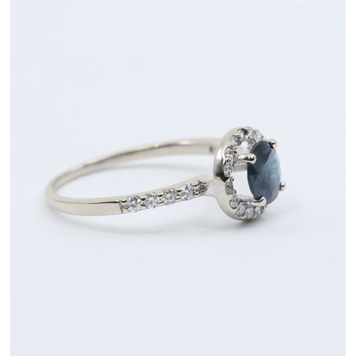 14K White Gold Round Blue Sapphire & Diamond Halo Ring