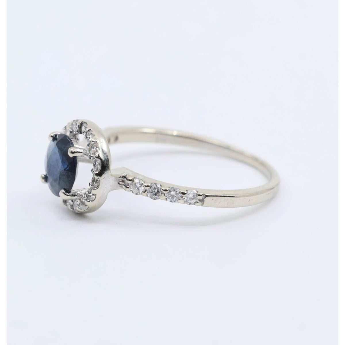 14K White Gold Round Blue Sapphire & Diamond Halo Ring