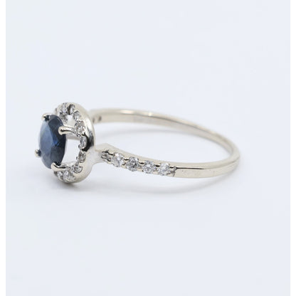 14K White Gold Round Blue Sapphire & Diamond Halo Ring