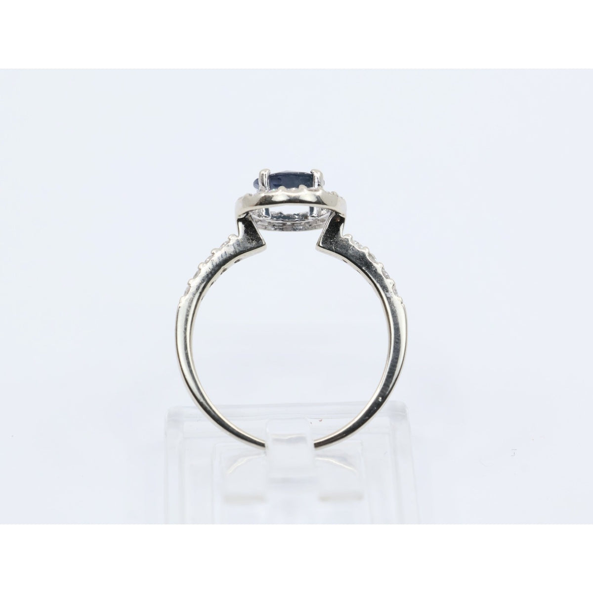 14K White Gold Round Blue Sapphire & Diamond Halo Ring