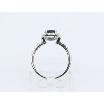 14K White Gold Round Blue Sapphire & Diamond Halo Ring