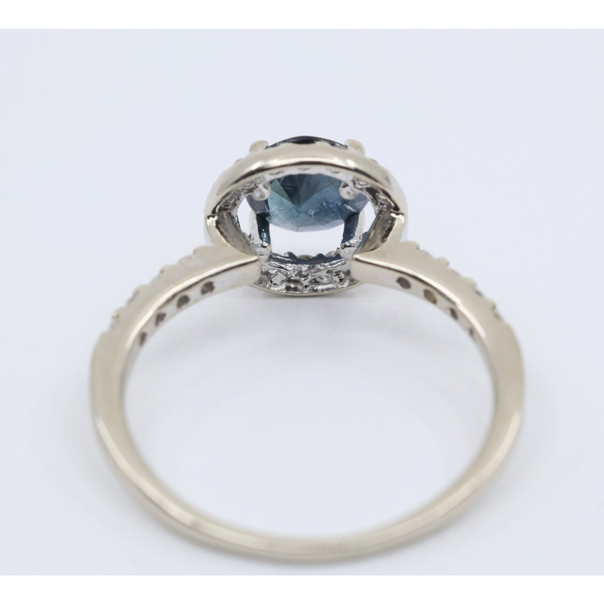 14K White Gold Round Blue Sapphire & Diamond Halo Ring