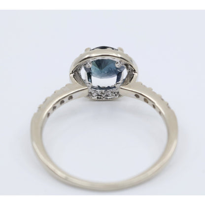 14K White Gold Round Blue Sapphire & Diamond Halo Ring