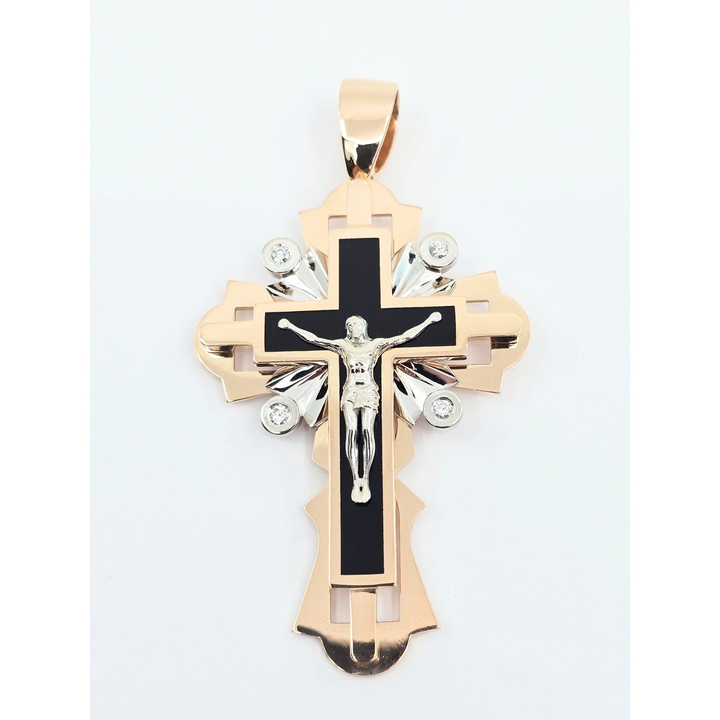 14K Two Tone Gold Onyx & Diamond Jesus on Cross Pendant