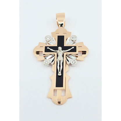 14K Two Tone Gold Onyx & Diamond Jesus on Cross Pendant