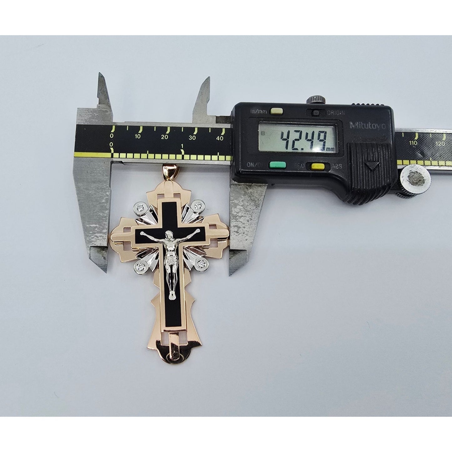 14K Two Tone Gold Onyx & Diamond Jesus on Cross Pendant
