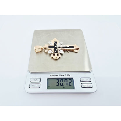 14K Two Tone Gold Onyx & Diamond Jesus on Cross Pendant