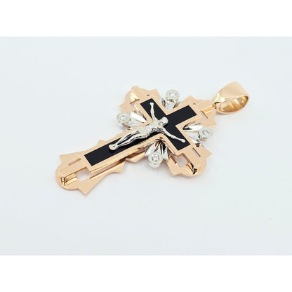 14K Two Tone Gold Onyx & Diamond Jesus on Cross Pendant