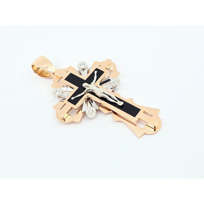 14K Two Tone Gold Onyx & Diamond Jesus on Cross Pendant