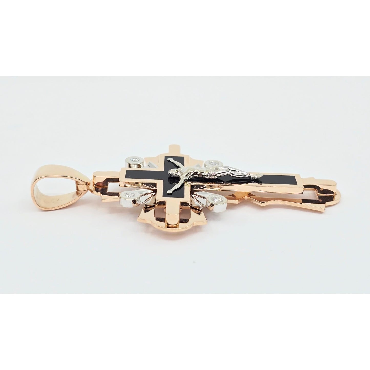 14K Two Tone Gold Onyx & Diamond Jesus on Cross Pendant