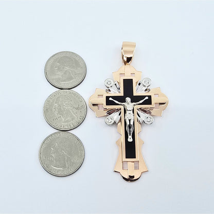14K Two Tone Gold Onyx & Diamond Jesus on Cross Pendant