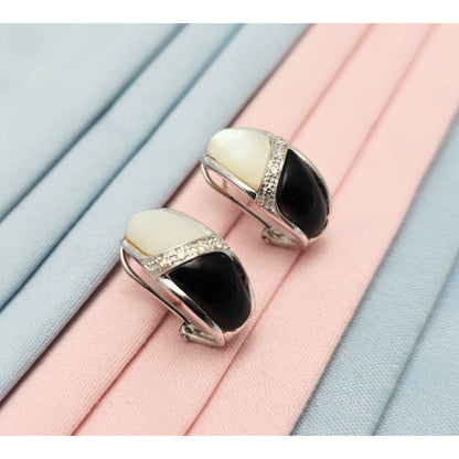 14K White Gold Mother of Pearl, Onyx & Diamond French Clip Earrings