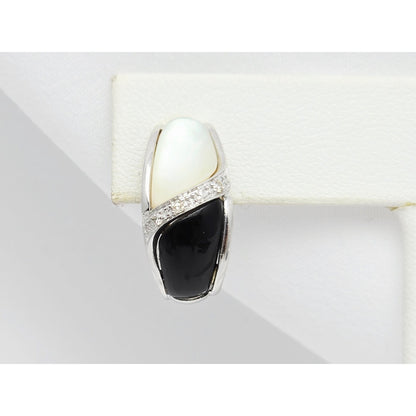 14K White Gold Mother of Pearl, Onyx & Diamond French Clip Earrings