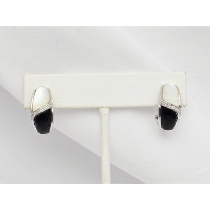 14K White Gold Mother of Pearl, Onyx & Diamond French Clip Earrings