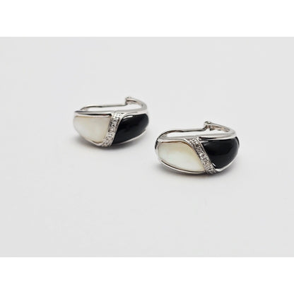 14K White Gold Mother of Pearl, Onyx & Diamond French Clip Earrings