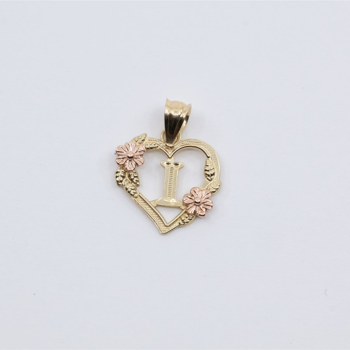 14K Two Tone Gold Floral Initial Letter " I " Heart Charm Pendant