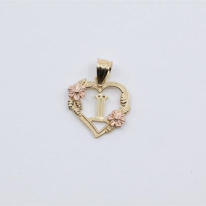 14K Two Tone Gold Floral Initial Letter " I " Heart Charm Pendant