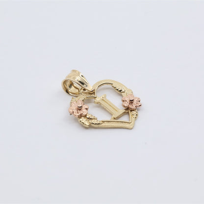 14K Two Tone Gold Floral Initial Letter " I " Heart Charm Pendant