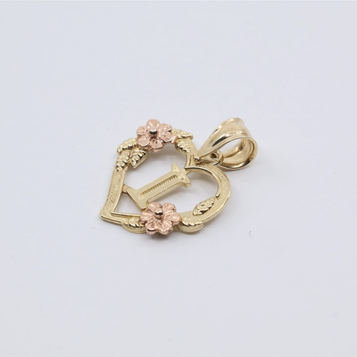 14K Two Tone Gold Floral Initial Letter " I " Heart Charm Pendant