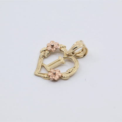 14K Two Tone Gold Floral Initial Letter " I " Heart Charm Pendant