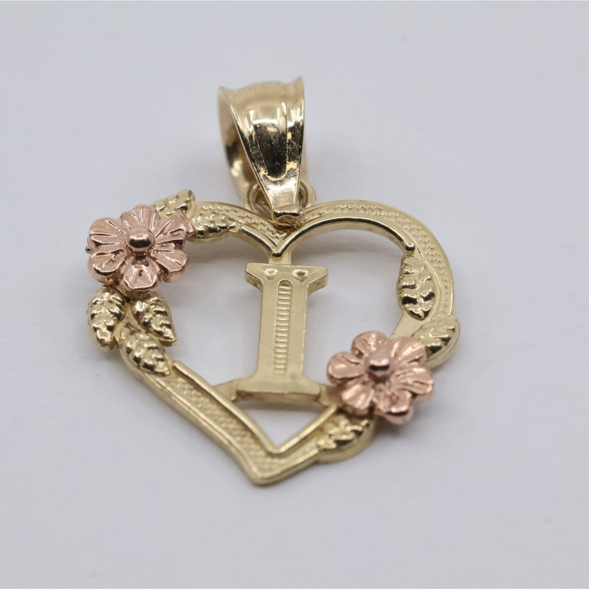 14K Two Tone Gold Floral Initial Letter " I " Heart Charm Pendant