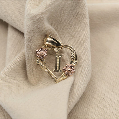14K Two Tone Gold Floral Initial Letter " I " Heart Charm Pendant