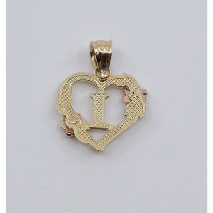 14K Two Tone Gold Floral Initial Letter " I " Heart Charm Pendant