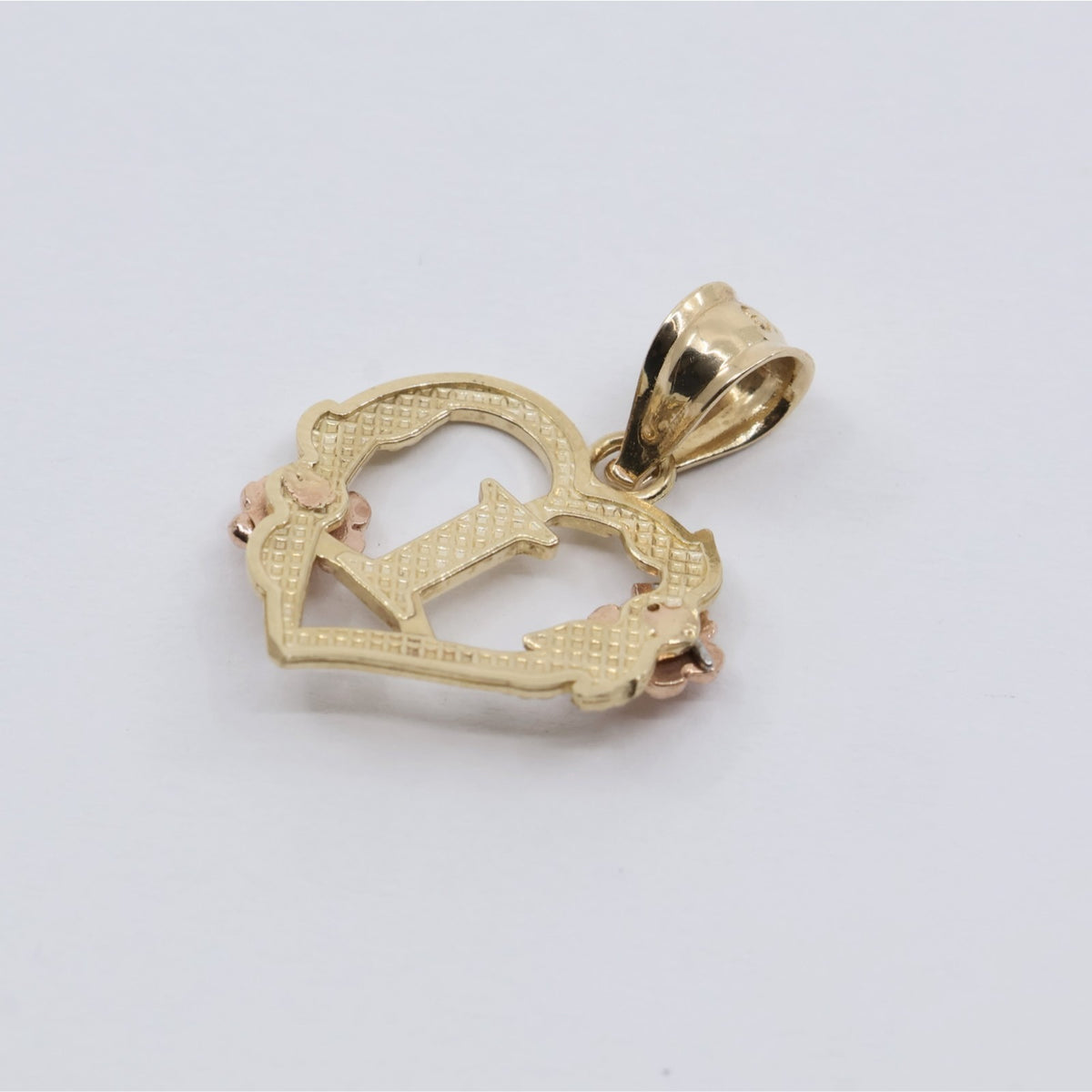 14K Two Tone Gold Floral Initial Letter " I " Heart Charm Pendant