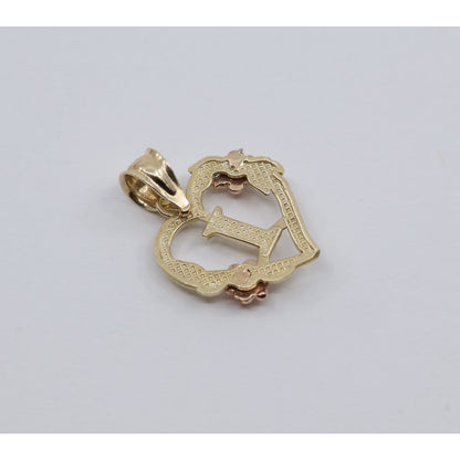 14K Two Tone Gold Floral Initial Letter " I " Heart Charm Pendant