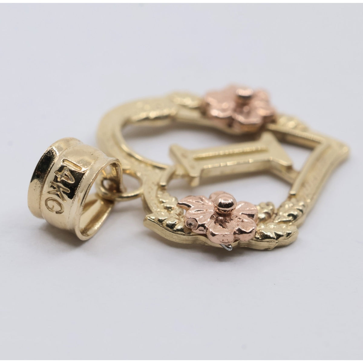 14K Two Tone Gold Floral Initial Letter " I " Heart Charm Pendant