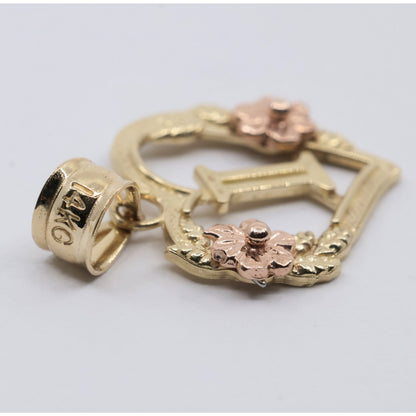 14K Two Tone Gold Floral Initial Letter " I " Heart Charm Pendant