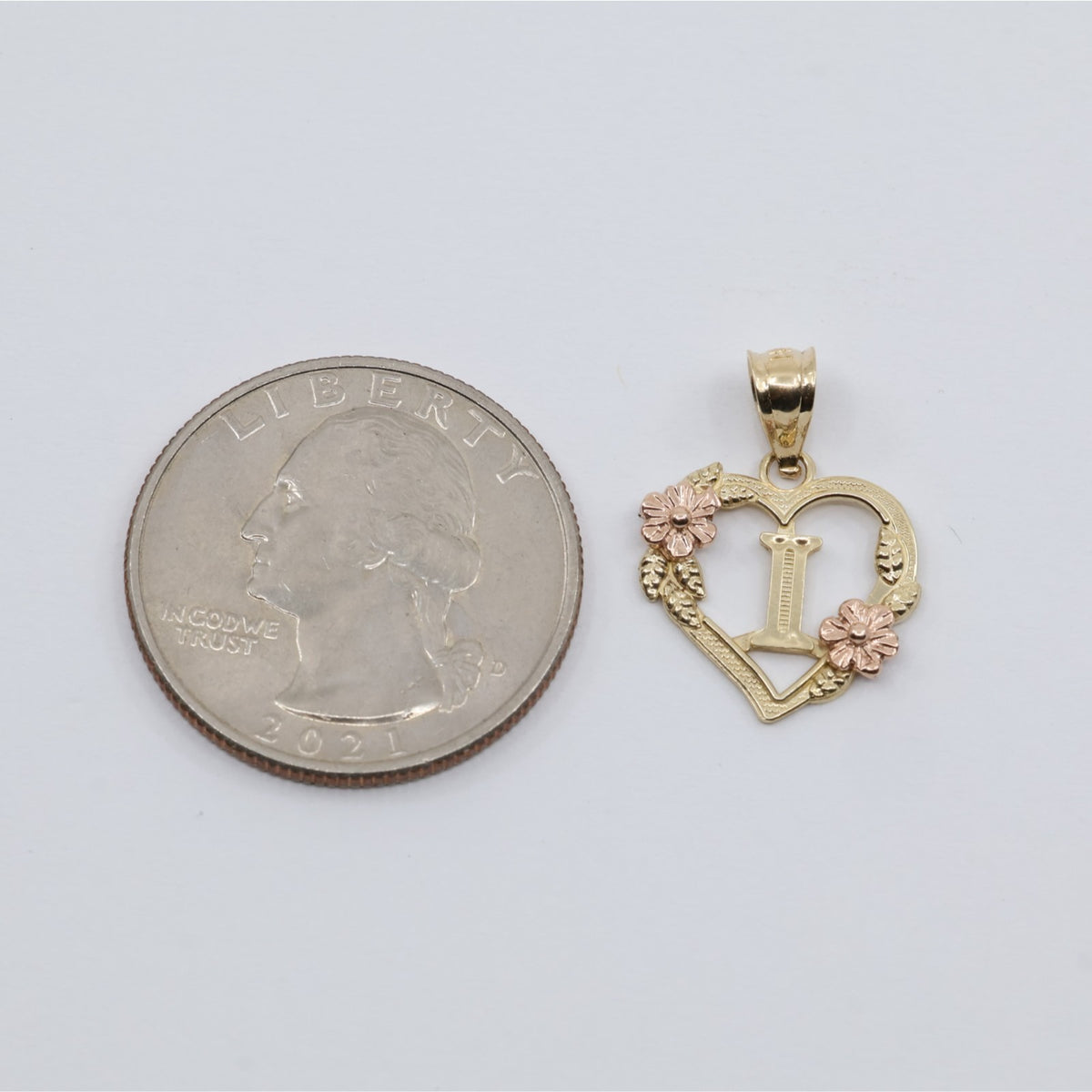 14K Two Tone Gold Floral Initial Letter " I " Heart Charm Pendant