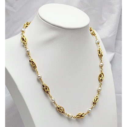 18K Yellow Gold Pearl Link Chain Necklace