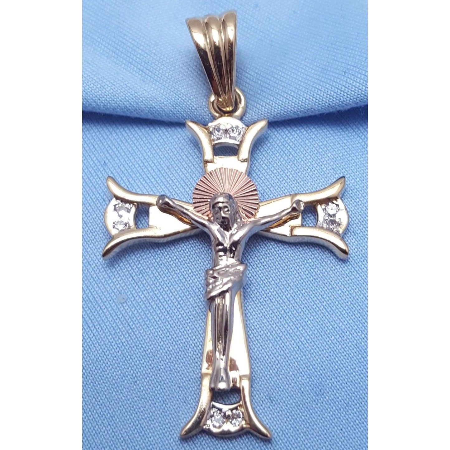 14K Solid Two Tone Gold Jesus on Cross Cubic Zirconia Charm Pendant