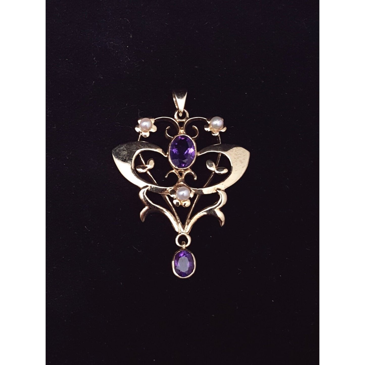 9K Solid Yellow Gold Drop Dangle Amethyst & Pearl Charm Pendant