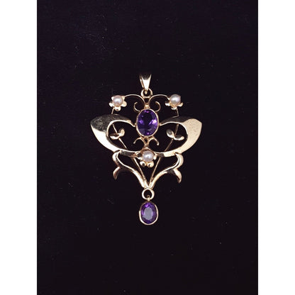 9K Solid Yellow Gold Drop Dangle Amethyst & Pearl Charm Pendant