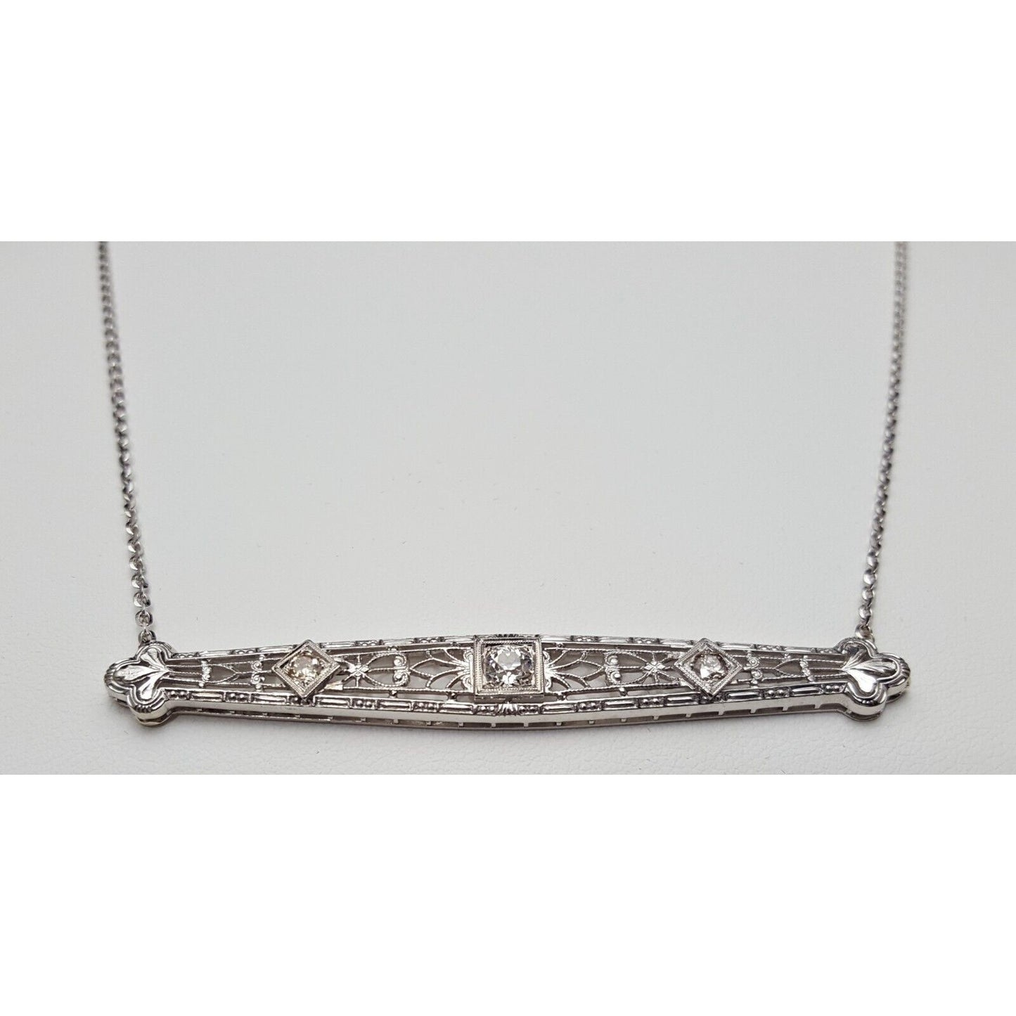 14K White Gold Cable Link Chain Necklace & Diamond Bar Charm Pendant