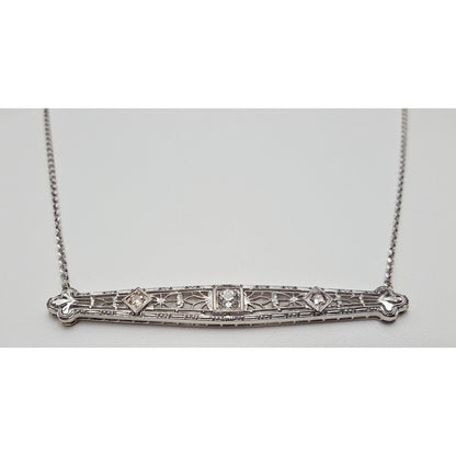 14K White Gold Cable Link Chain Necklace & Diamond Bar Charm Pendant