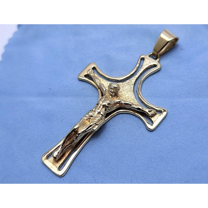 14K Solid Yellow Gold Designer Religious Jesus on Cross Charm Pendant