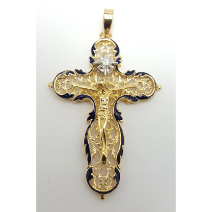 18K Solid Yellow Gold Religious Jesus Cross Diamond Enamel Charm Pendant