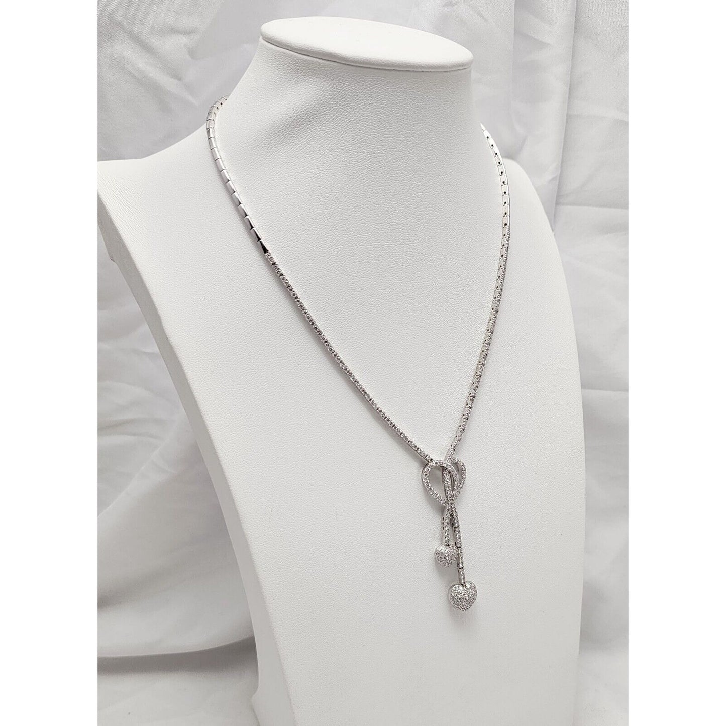 14K White Gold Diamond Double Heart Dangle Link Chain Necklace